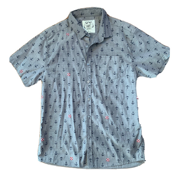 Sunday Work Clothes Shirt Mens Large Button Up Nautical Anchor Collared Shirt - Picture 1 of 11